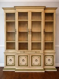 Italian Neoclassical Inspired Vintage Hutch With Glass Doors And Cubby Shelving