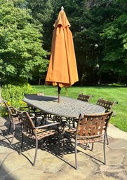 Brown Jordan Wrought Iron Table And (6) Cast Aluminum Chairs With Orange Umbrella