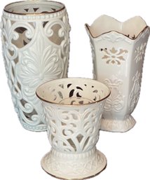 Classic Lenox Scroll Pierced Vase W Glass Insert, Lenox Illuminations Flared Candleholder, Lenox Langtry Vase