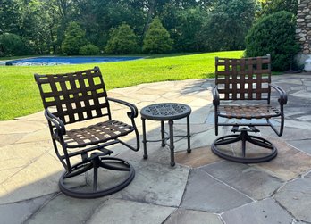 Pair Of Brown Jordan Swivel Arm Chairs And Side Table