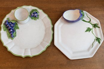 Two Italian Hand-decorated Ceramic Chip And Dip Platters With Grape And Eggplant Design