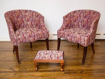 Comfortable Pair Of Barrel Back Chairs With Urn Printed Fabric In Berry Pink With Matching Footstool