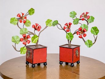 Painted Tole Metal Potted Blooming Flowers With Lion Head Accents