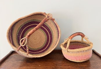 2 Woven Baskets With Leather Handles