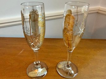 Two Hand-Painted Champagne Toasting Flutes In Gold And Silver Abstract Design