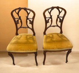 Pair Of Antique Art Nouveau Carved Walnut Floral Side Chairs