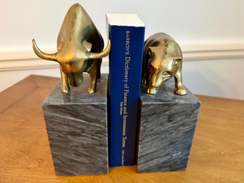 Vintage Brass And Marble Bull And Bear Of Wall Street Bookends