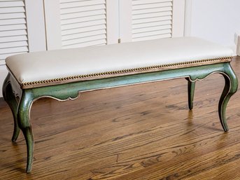 Rustic Italian Style Upholstered Bench Seat With Exaggerated Cabriole Legs In Verde Green