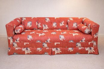 Fabulous Skirted And Tufted Tuxedo Sofa With Mogul Inspired Elephant Pattern And Bolsters