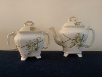Vintage Porcelain Tea Pot & Sugar Bowl Set W/ Blueyellow Floral Designs