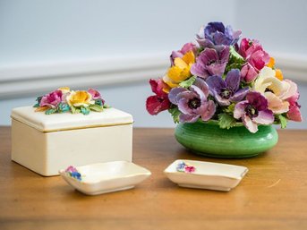 Crown Staffordshire Fine Bone China Flower Bouquet, Covered Box And Trinket Dishes (2)