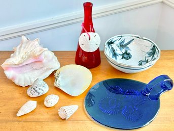 Collection Of Colorful Vintage Glass, Ceramic And Natural Shell Decor