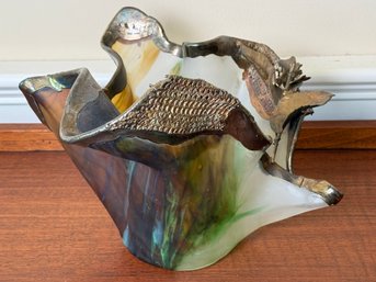 A Gorgeous Slag Glass & Metal Unique Handkerchief Design Bowl