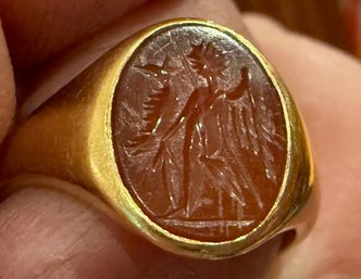 Gold Carnelian Intaglio Ring, Marked C&F For Cropp & Farr, Size 6.5