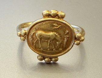 Helen Woodhull 18K Gold Ring, A Horse, Circa 1980, Signed