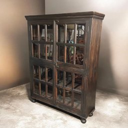Large Dark Wood Glass-Pane Display Cabinet / Bookcase With Four Doors