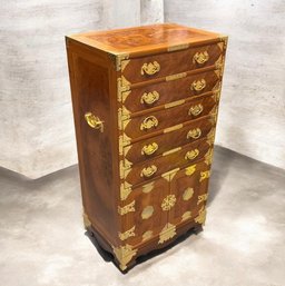 Vintage Korean Tansu-Style Burl Wood Five-Drawer Cabinet With Brass Hardware