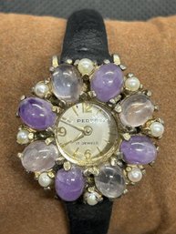 Vintage 1950s/60s Mid Century PEDRE 17-jewel Mechanical Ladies Watch With Amethyst Cabochon Bezel