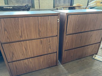 Pair Three Drawer Lateral File Cabinets In Wood Tone