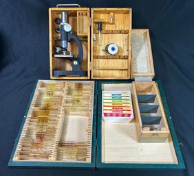 Vintage TASCO Deluxe Microscope & Slides In Wooden Cases.