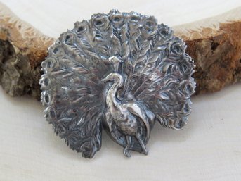 Dramatic  Sterling Silver Peacock Brooch
