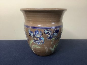 Brown Pottery Vase  W/ Floral Design Signed
