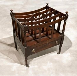 Antique Mahogany Canterbury Magazine & Sheet Music Rack With Drawer & Brass Casters