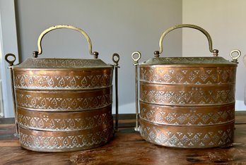 Pair Of Antique Copper And Brass Stacking Lunchboxes Attr. C. 19th Century