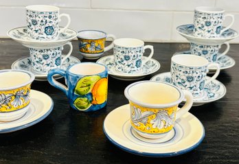 Set Of 21 Espresso Cups & Suacers - Hand Painted  In Italy & Portugal