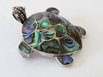 Large 2 In 1 Sterling Silver Abalone Shell Turtle Pendant And Brooch