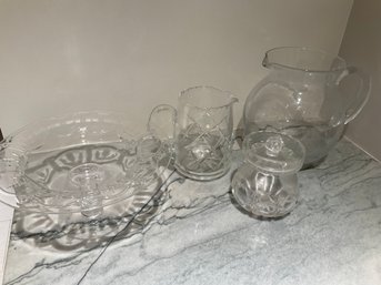 4 Cut Glass Creamer/sugar And Etched Glass Pedestal Dish And Pitcher