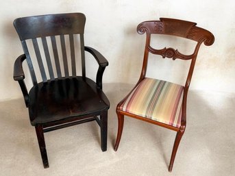 Two Vintage Wood Chairs ~  Carved Upholstered Side Chair & Slat-Back Armchair ~