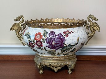 Gorgeous Antique Keller & Guerin French Majolica Luneville Jardiniere Planter With Brass Dragon Detail