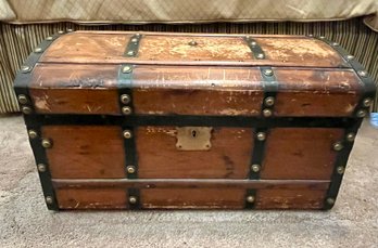 Vintage Wood Trunk With Metal Strapping And Hinged Lid