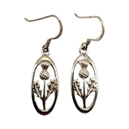 (B52) Sterling Silver Oval Floral Dangle Earrings