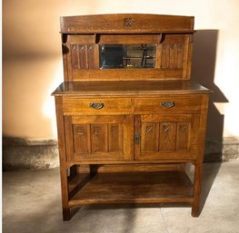 Antique Mission Oak Sideboard / Buffet With Mirror, Carved Oak Leaf Detail & Two Drawers