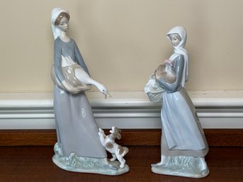 Vintage Lladro Maiden Woman With Dog & Geese And Girl With Cockerel Figurines