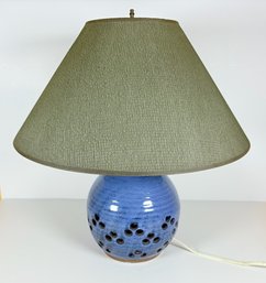 Blue Pottery Lamp With Lighted Base, Signed Groundhog