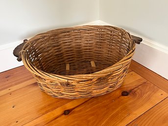 Antique Wicker Basket W/ Wooden Handles