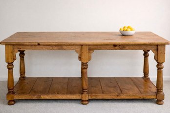 Rustic Counter-Height Worktable / Console With Turned Columns And A Warm Honey Finish