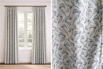 Lovely Blue And White Jacquard Botanical Print Drapes