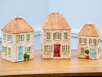 Three Ellen Blonder Ceramic Canisters Of Houses With Terracotta Tile Roofs