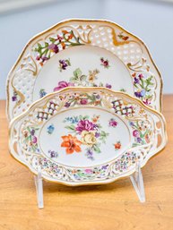 Two Collectable Vintage Schumann Dresden Style Reticulated Dishes With Gold Trim And Floral Motif
