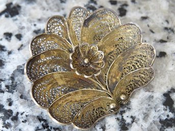 Vintage Sterling Silver Lacy Filigree Raised Flower Brooch