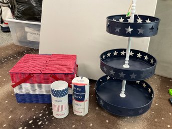 Red, White, And Blue Picnic Basket, Tiered Tray, Ceramic Bowls