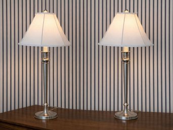 Pair Of Spyglass Metal Buffet Lamps In Polished Nickel With Paneled Bell Shades