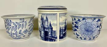 Blue And White Ceramic Planters And Delft Jar (3)