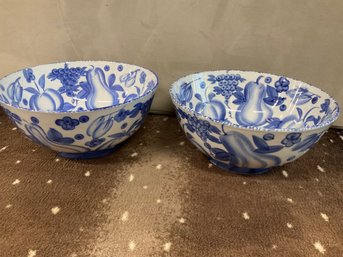2 Large Blue And White Mixing Bowls