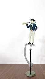 Vintage-style Folk Art Balance Toy 'Sky Hook' Or 'Signal Sailor,' Depicting A Sailor With A Spyglass Telescope