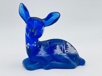 FENTON ART GLASS Fawn Figurine In Cobalt Blue Hand Painted And Artist Signed